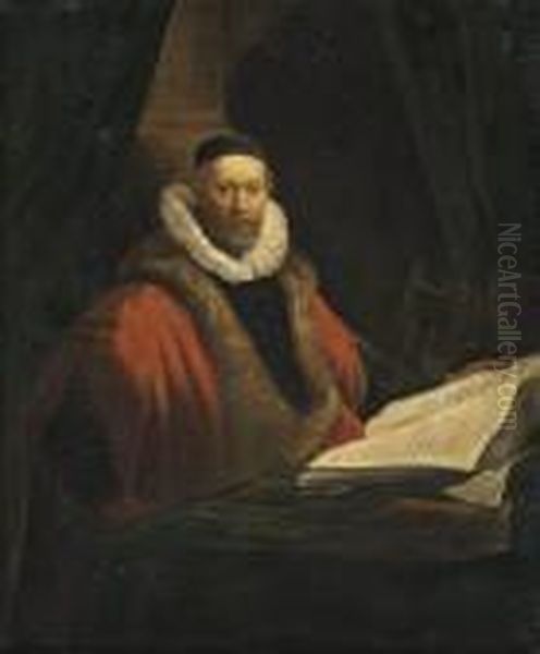 Portrait Of A Gentleman, 
Half-length, Wearing A Black Cap, White Ruff And Fur-lined Red Robe, 
Seated At A Desk Reading A Manuscript Oil Painting by Rembrandt Van Rijn