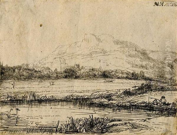 Canal With An Angler And Two Swans Oil Painting by Rembrandt Van Rijn