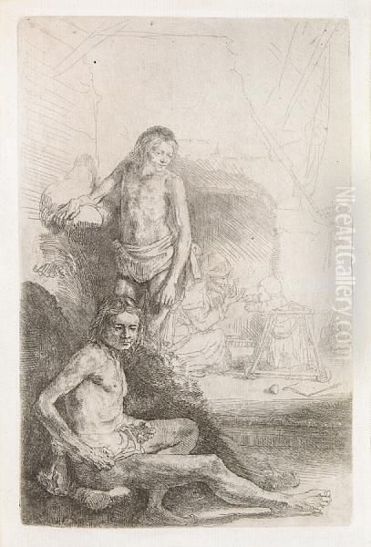 Nude Man Seated And Another Standing With A Woman And A Baby Oil Painting by Rembrandt Van Rijn