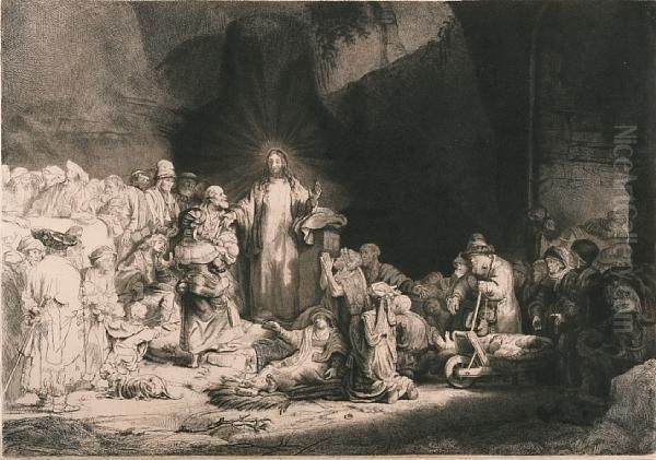 Christ Healing The Sick: 'the Hundred Guilder Print' Oil Painting by Rembrandt Van Rijn