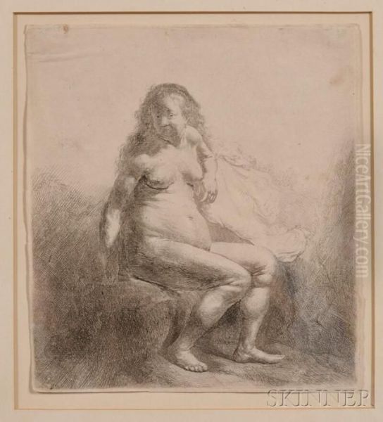 Naked Woman Seated On A Mound Oil Painting by Rembrandt Van Rijn