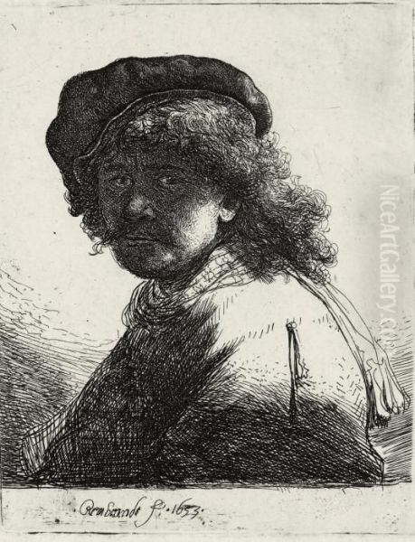 Self-portrait In A Cap And Scarf With The Face Dark: Bust Oil Painting by Rembrandt Van Rijn