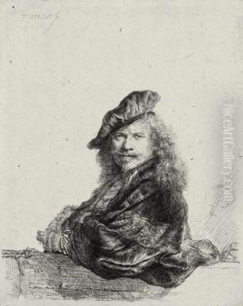 Self-portrait Leaning On A Stone Sill Oil Painting by Rembrandt Van Rijn