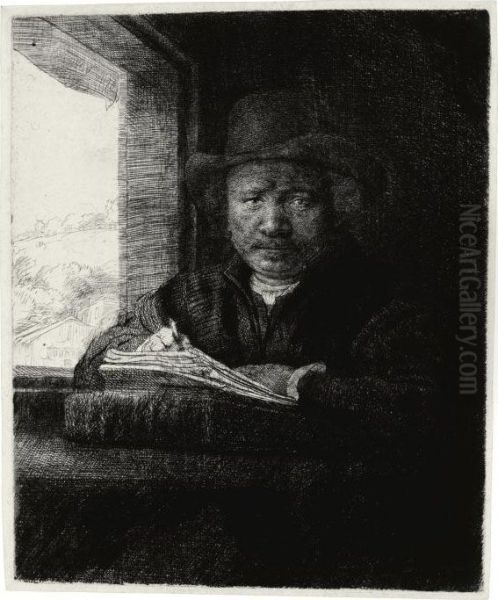 Self-portrait Drawing At A Window Oil Painting by Rembrandt Van Rijn