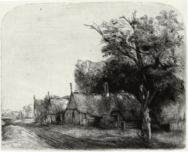 Landscape With Three Gabled Cottages Beside A Road Oil Painting by Rembrandt Van Rijn