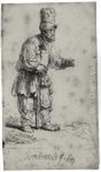 A Peasant In A High Cap, Standing Leaning On A Stick; And Beggar With A Wooden Leg Oil Painting by Rembrandt Van Rijn