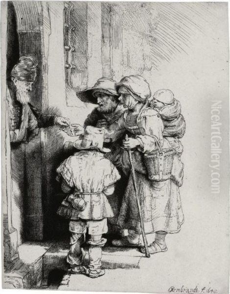 Beggars Receiving Alms At The Door Of A House Oil Painting by Rembrandt Van Rijn