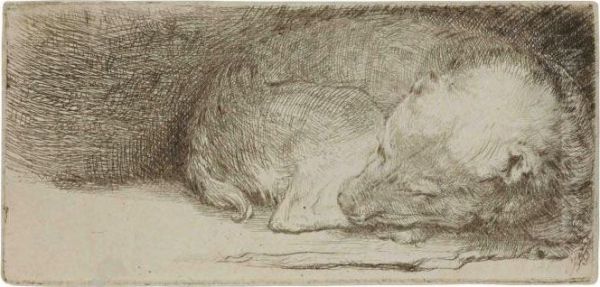 A Sleeping Puppy Oil Painting by Rembrandt Van Rijn