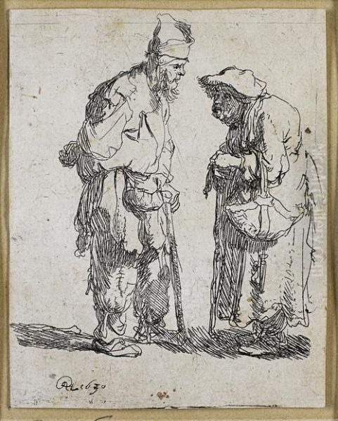 Beggar Man And Beggar Woman Conversing Oil Painting by Rembrandt Van Rijn