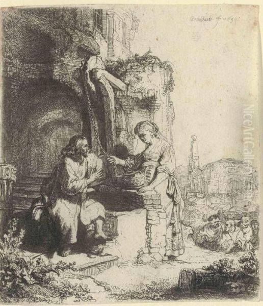 Christ And The Woman Of Samaria Among Ruins Oil Painting by Rembrandt Van Rijn