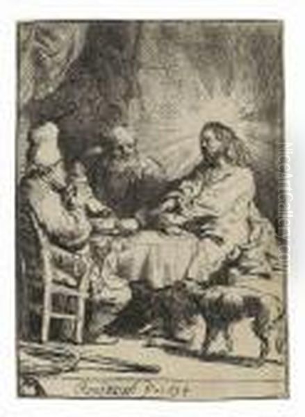 Christ At Emmaus: Small Plate Oil Painting by Rembrandt Van Rijn