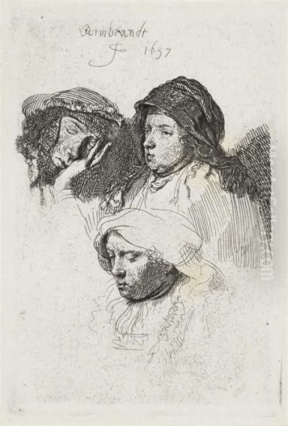 Three Female Heads, One Sleeping Oil Painting by Rembrandt Van Rijn