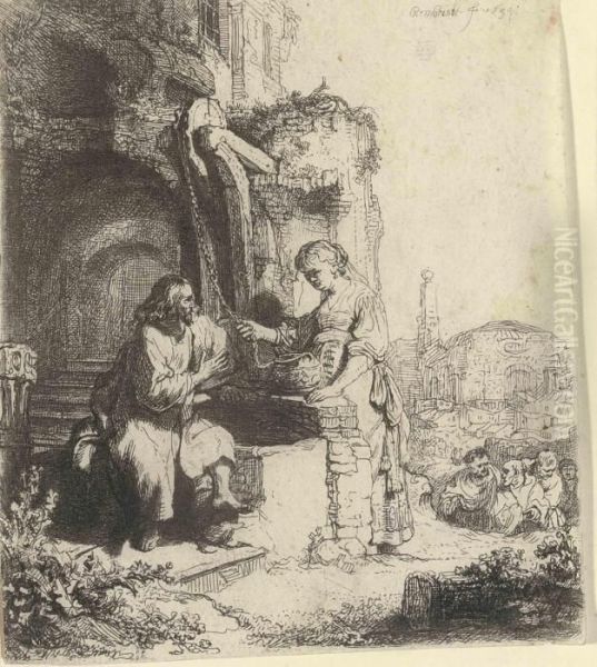 Christ And The Woman Of Samaria Among Ruins Oil Painting by Rembrandt Van Rijn