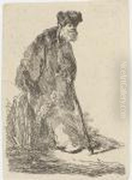 A Man In A Coat And Fur Cap Leaning Against A Bank Oil Painting by Rembrandt Van Rijn