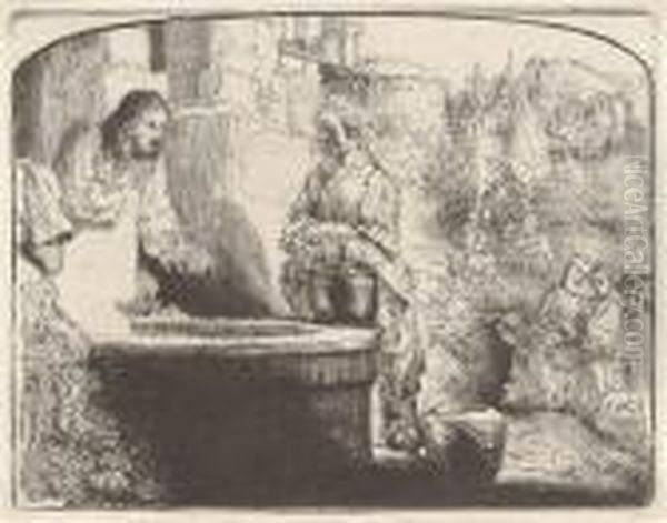 Christ And The Woman Of Samaria: An Arched Print Oil Painting by Rembrandt Van Rijn