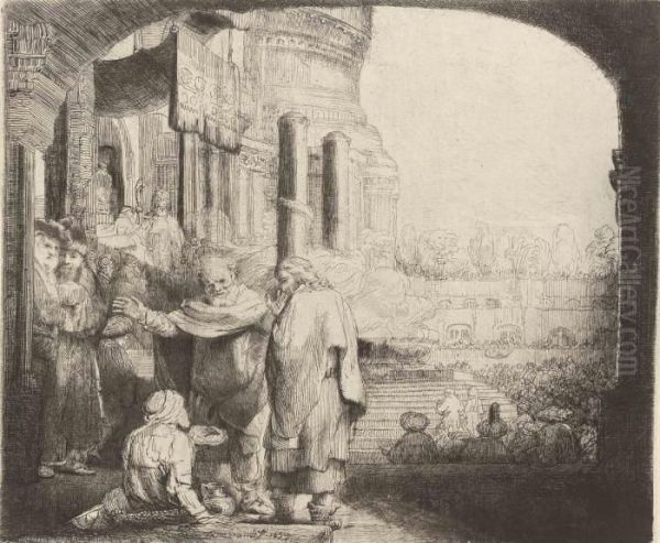 Saint Peter And Saint John Healing The Cripple At The Gate Of The Temple Oil Painting by Rembrandt Van Rijn