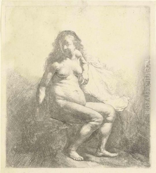 A Naked Woman Seated On A Mound Oil Painting by Rembrandt Van Rijn