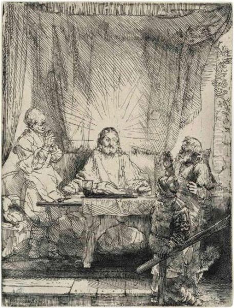 Christ At Emmaus: Large Plate Oil Painting by Rembrandt Van Rijn