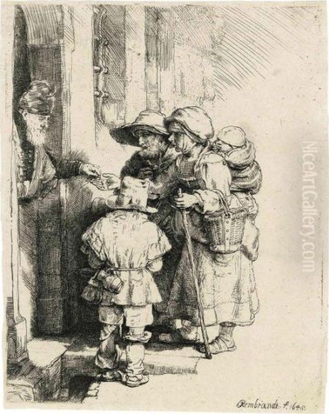 Beggars Receiving Alms At The Door Oil Painting by Rembrandt Van Rijn