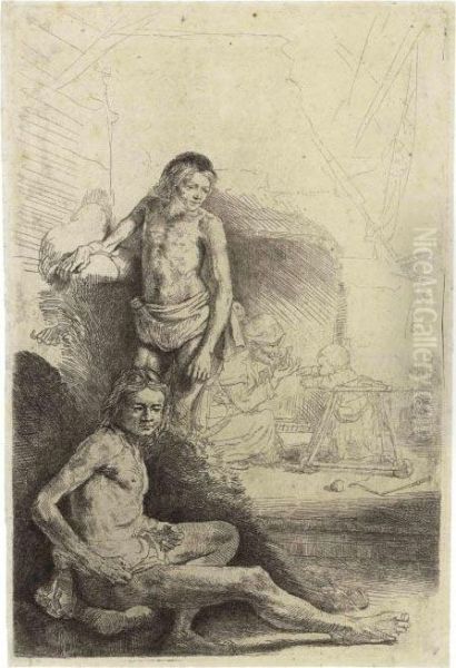 A Nude Man Seated And Another Standing Oil Painting by Rembrandt Van Rijn