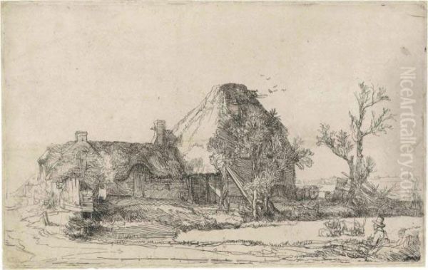 Cottages And Farm Buildings With A Man Sketching Oil Painting by Rembrandt Van Rijn