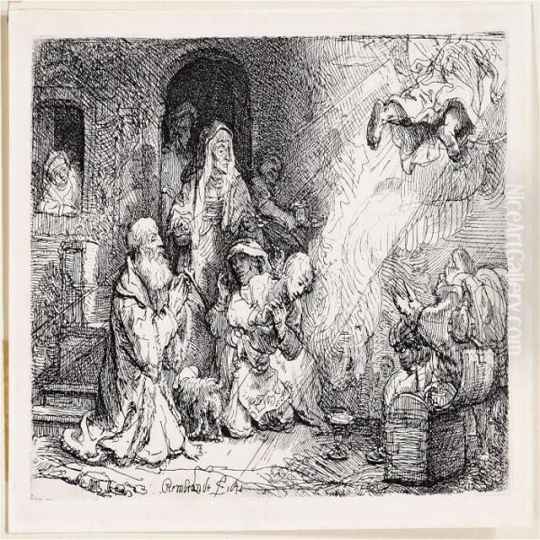 The Angel Departing From The Family Of Tobias Oil Painting by Rembrandt Van Rijn