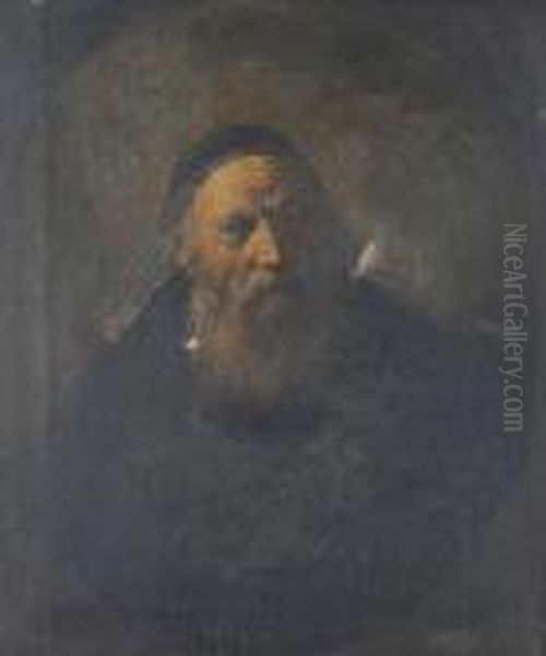 Portrait Of A Rabbi In A Painted Oval Oil Painting by Rembrandt Van Rijn