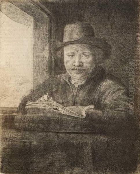 Selbstbildnis, Zeichnend Oil Painting by Rembrandt Van Rijn