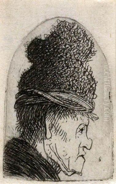 Grotesque Profile: Man In A High Cap Oil Painting by Rembrandt Van Rijn