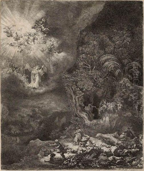 The Angel Appearing To The Shepherds Oil Painting by Rembrandt Van Rijn