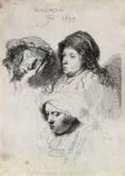 Three Heads Of Women, 
One Asleep Oil Painting by Rembrandt Van Rijn