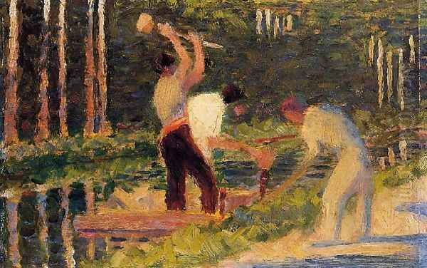 Men Laying Stakes Oil Painting by Georges Seurat