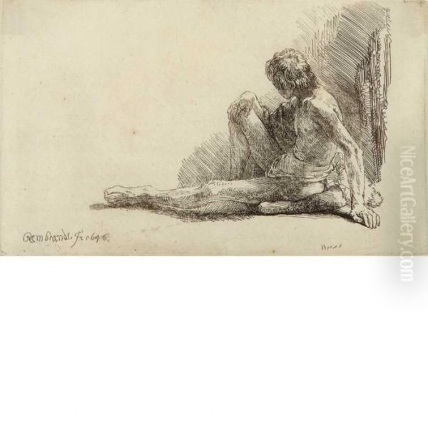 Nude Man Seated On The Ground With One Leg Extended Oil Painting by Rembrandt Van Rijn