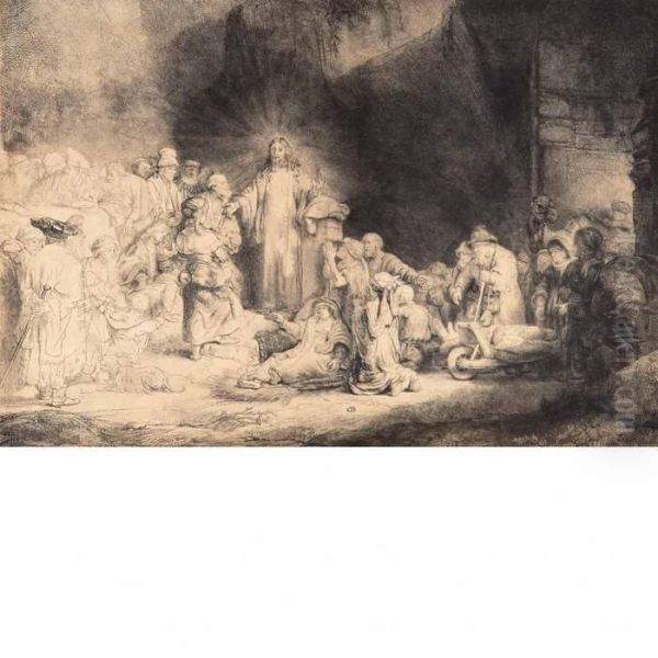 Christ Healing The Sick: 
The Hundred Guilder Print Oil Painting by Rembrandt Van Rijn