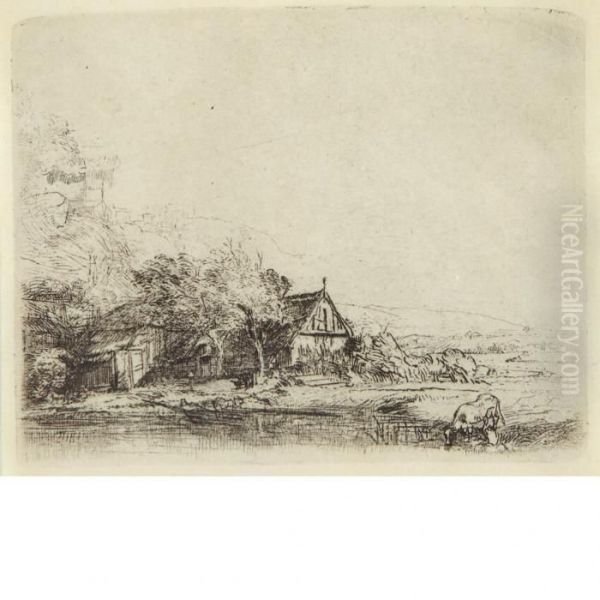 Landscape With Cow Drinking Oil Painting by Rembrandt Van Rijn