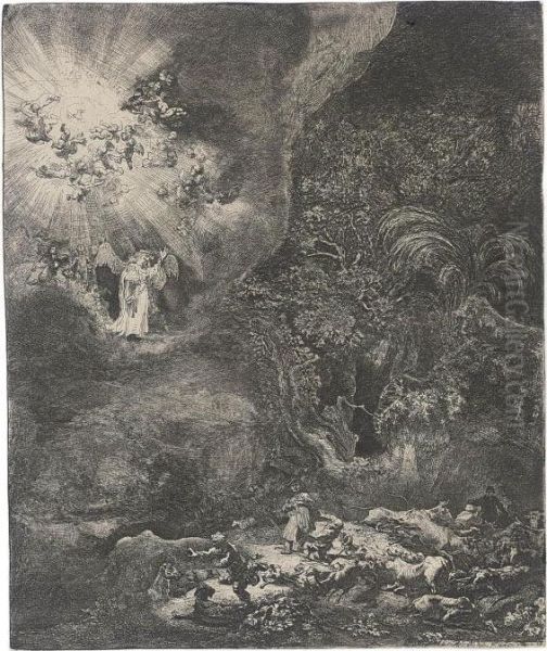 The Angel Appearing To The Shepherds Oil Painting by Rembrandt Van Rijn