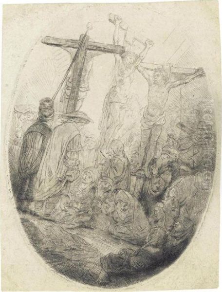 Christ Crucified Between The Two Thieves: Oval Plate Oil Painting by Rembrandt Van Rijn