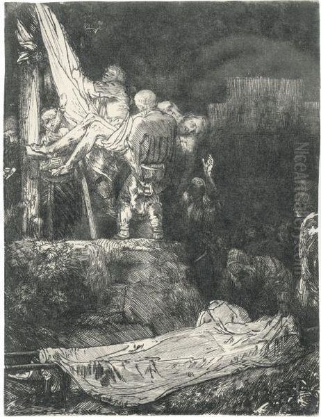 Decent From The Cross By Torchlight Oil Painting by Rembrandt Van Rijn