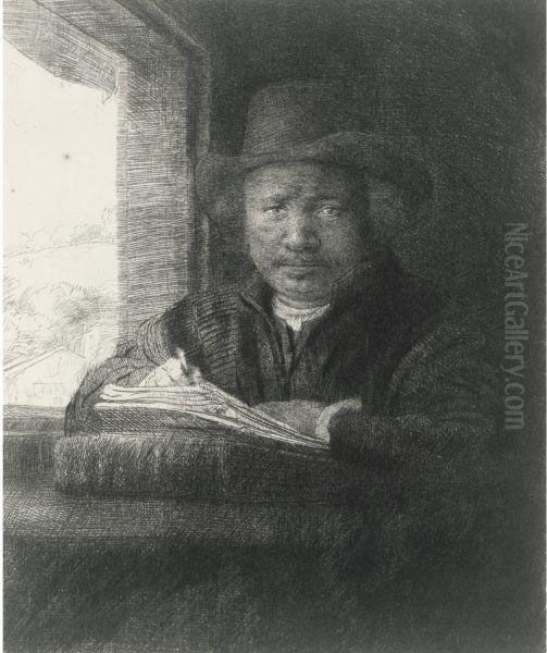 Self-portrait Drawing At A Window Oil Painting by Rembrandt Van Rijn