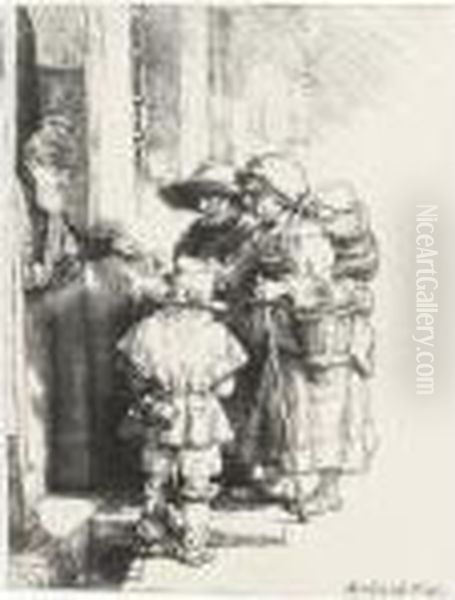 Beggars Receiving Alms At The Door Of A House Oil Painting by Rembrandt Van Rijn