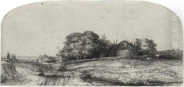 Landscape With Haybarn And A Flock Of Sheep Oil Painting by Rembrandt Van Rijn