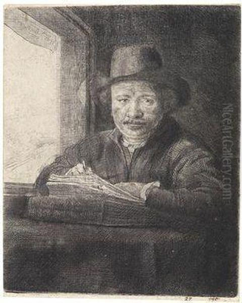 Rembrandt Drawing At A Window Oil Painting by Rembrandt Van Rijn