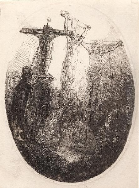 Christ On The Cross Between Two Thieves Oil Painting by Rembrandt Van Rijn