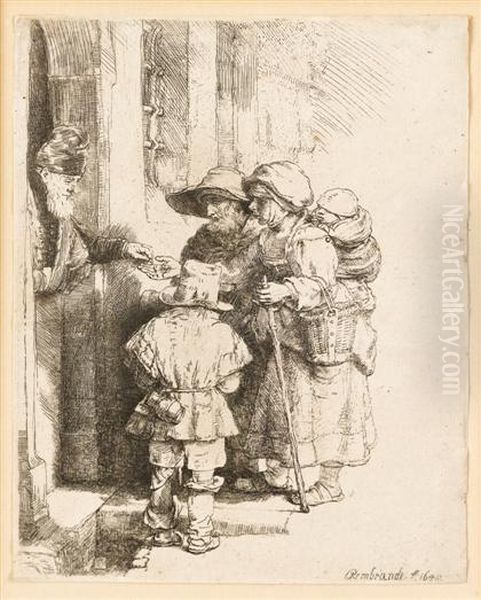 Beggars Receiving Alms At A Door Oil Painting by Rembrandt Van Rijn