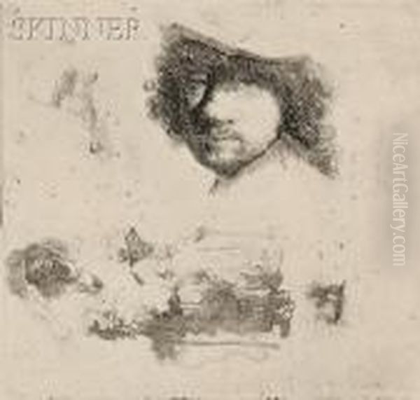 Sheet Of Studies: Head Of The Artist, A Beggar Couple,heads Of An Old Man Oil Painting by Rembrandt Van Rijn