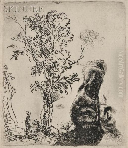 A Tree, And The Upper Part Of A Headof The Artist 
Wearing A Velvet Cap Oil Painting by Rembrandt Van Rijn