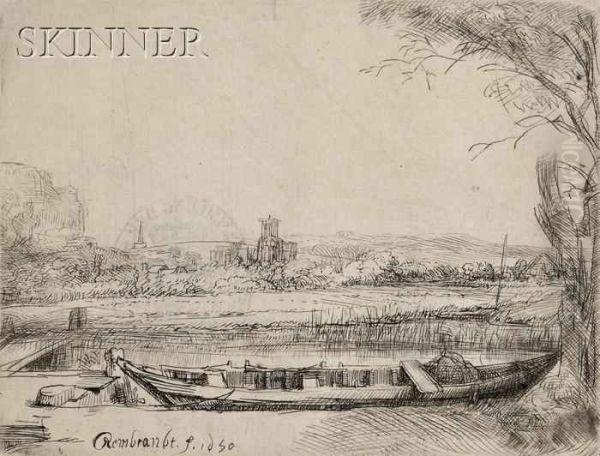 Canal With A Large Boat And Bridge Oil Painting by Rembrandt Van Rijn