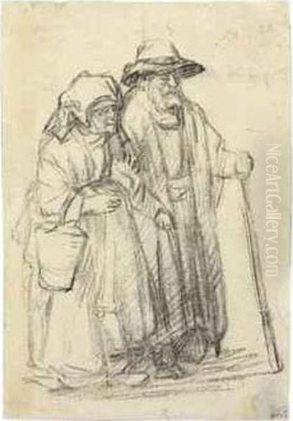 A Strolling Couple: An Old Man And A Woman Carrying A Marketpail Oil Painting by Rembrandt Van Rijn