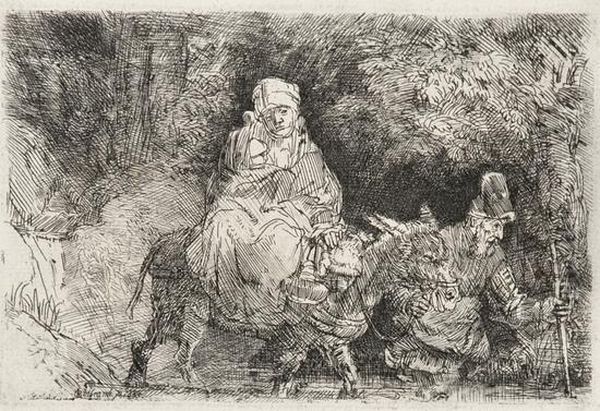 The Flight Into Egypt 
Etching, 
Only State Oil Painting by Rembrandt Van Rijn