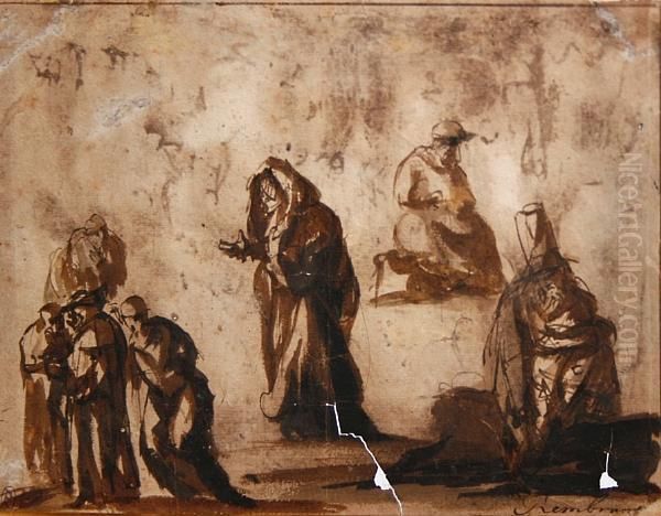 Figure Studies; Figures In A Church Interior Oil Painting by Rembrandt Van Rijn